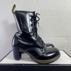 Dr Martens Darcie Black Patent Leather 3" Heel Chunky Boots Women's Size 7 US